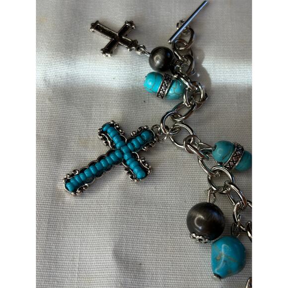 Silver Cross and Turquoise Charm Bracelet Southwest Chunky Western NWT - Picture 8 of 9